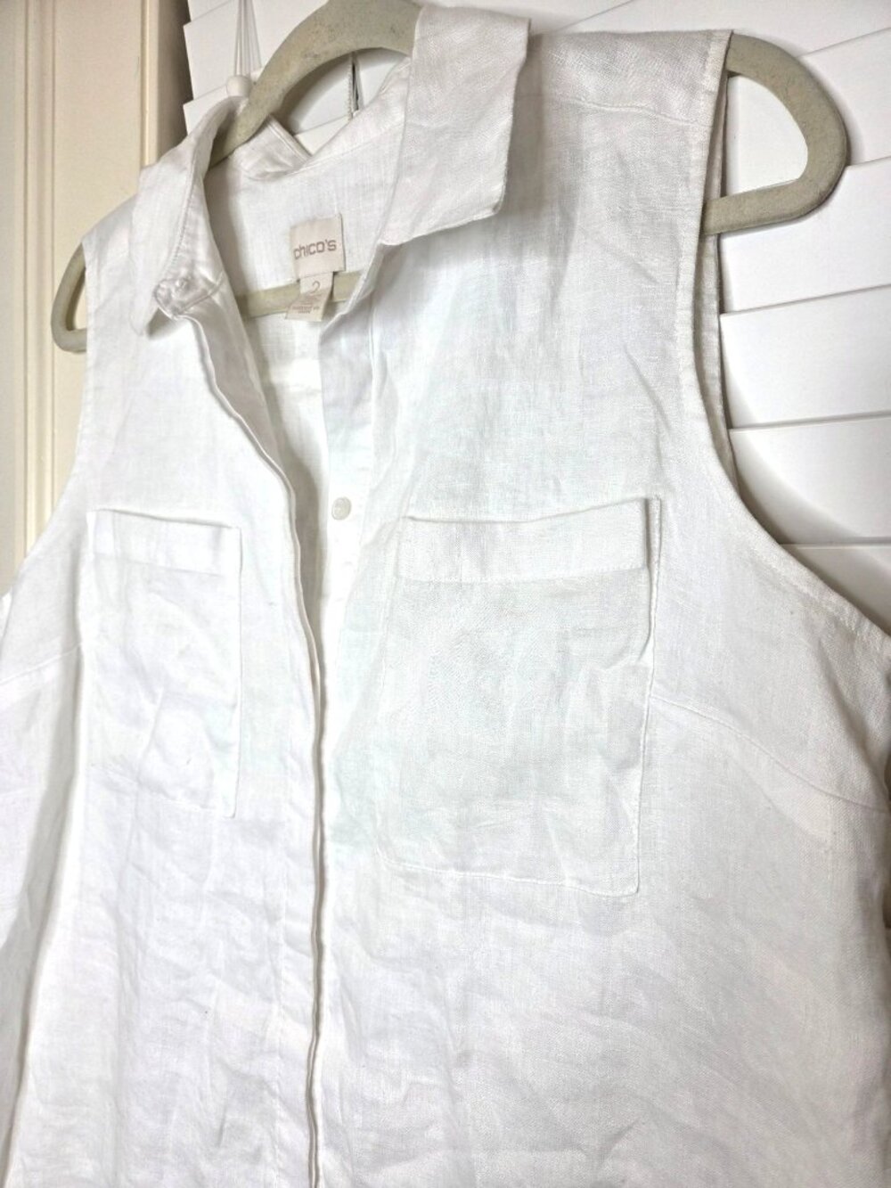 Chicos Womens White Linen Sleeveless Button-Up Shirt Tunic Pockets Sz 2 resort